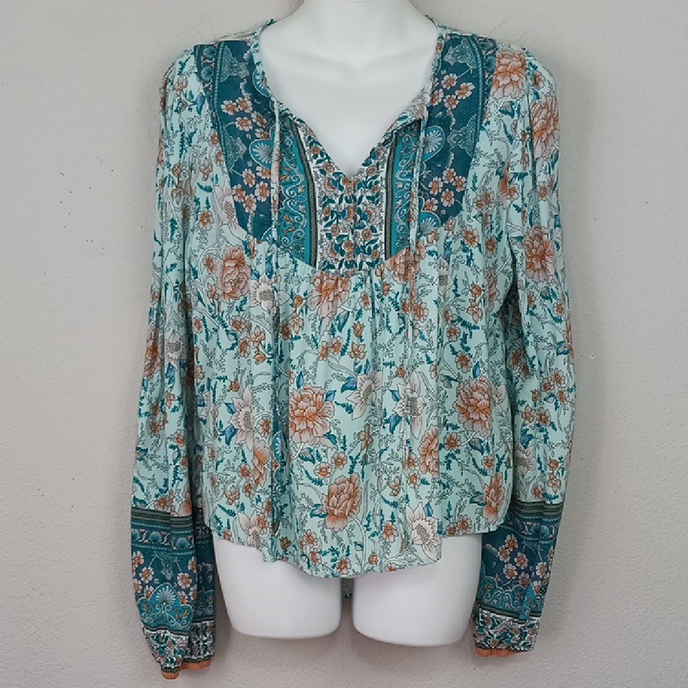 Womens Floral Bohemian Long Sleeve Blouse Babydoll sz L - Picture 3 of 13